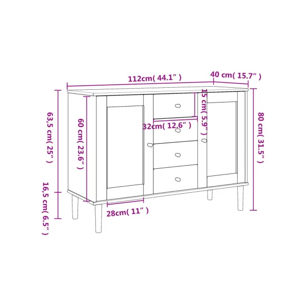 Buffet 2 Portes 4 Tiroirs Bois de Pin Marron Aspect Rotin Meuble Salon Rangement Chambre