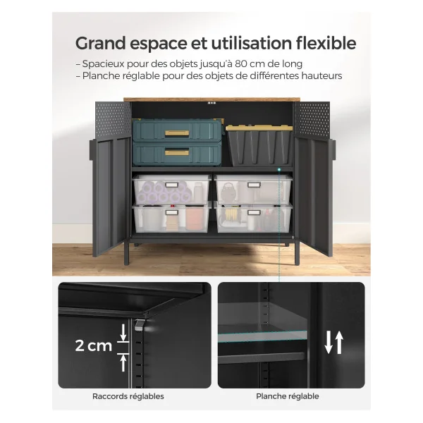 Buffet Ajouré Noir Meuble de Rangement Double Porte Cadre en Acier Style Industriel Marron Rustique et Noir