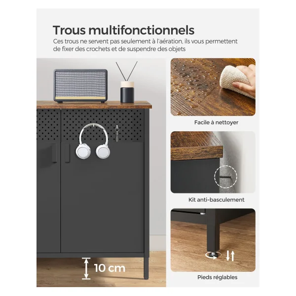 Buffet Ajouré Noir Meuble de Rangement Double Porte Cadre en Acier Style Industriel Marron Rustique et Noir