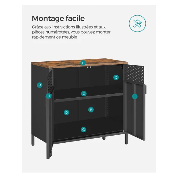 Buffet Ajouré Noir Meuble de Rangement Double Porte Cadre en Acier Style Industriel Marron Rustique et Noir
