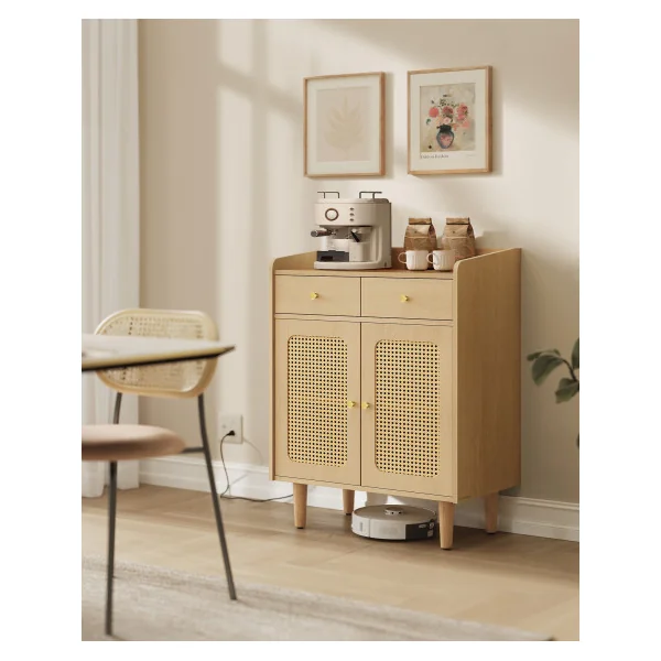 Buffet Bohème en Cannage avec Portes et Tiroirs en Rotin Beige Chêne Meuble de Rangement