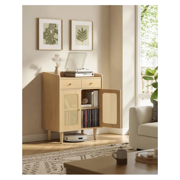 Buffet Bohème en Cannage avec Portes et Tiroirs en Rotin Beige Chêne Meuble de Rangement