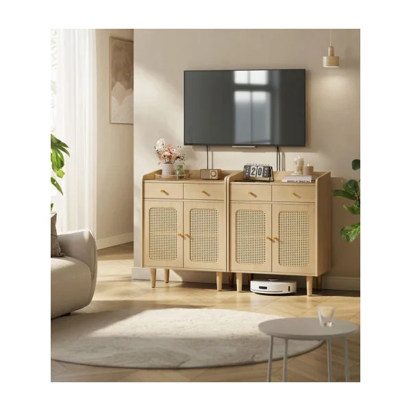 Buffet Bohème en Cannage avec Portes et Tiroirs en Rotin Beige Chêne Meuble de Rangement