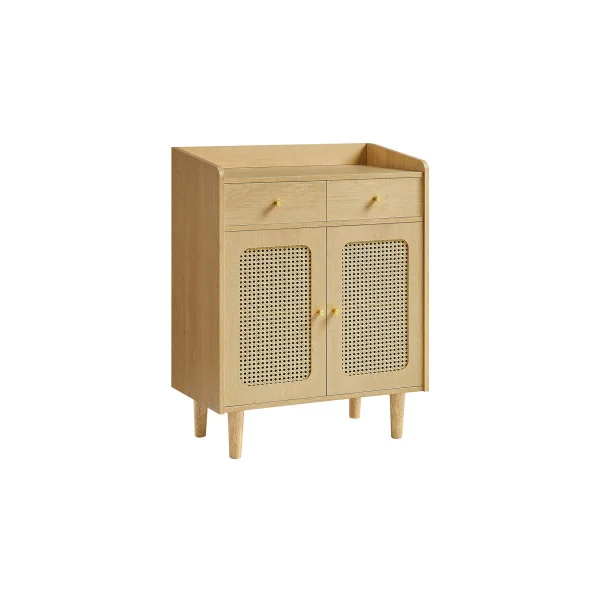 Buffet Bohème en Cannage avec Portes et Tiroirs en Rotin Beige Chêne Meuble de Rangement