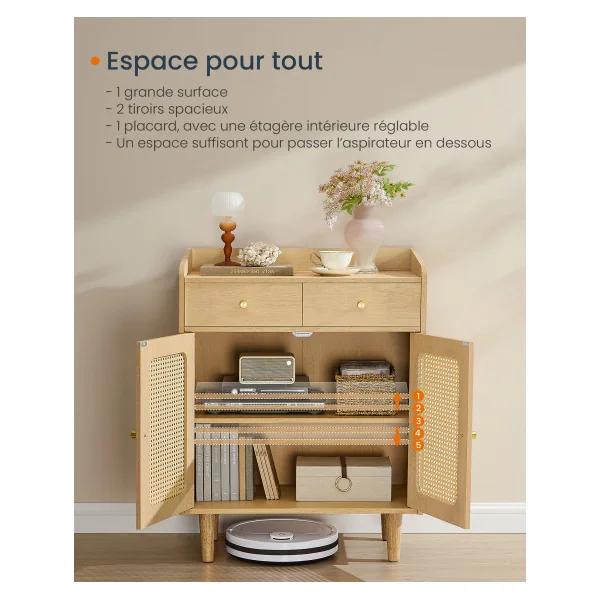 Buffet Bohème en Cannage avec Portes et Tiroirs en Rotin Beige Chêne Meuble de Rangement