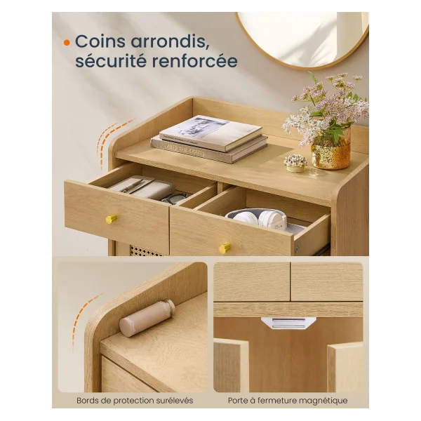 Buffet Bohème en Cannage avec Portes et Tiroirs en Rotin Beige Chêne Meuble de Rangement