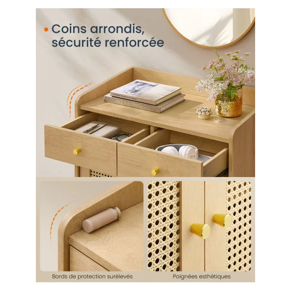 Buffet Bohème en Cannage avec Portes et Tiroirs en Rotin Beige Chêne Meuble de Rangement