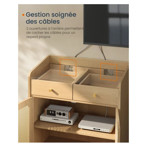 Buffet Bohème en Cannage avec Portes et Tiroirs en Rotin Beige Chêne Meuble de Rangement