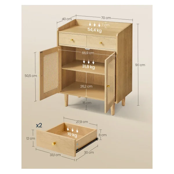 Buffet Bohème en Cannage avec Portes et Tiroirs en Rotin Beige Chêne Meuble de Rangement