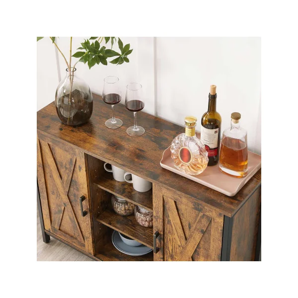 Buffet Brun Rustique Noir avec Placards et Etagères Meuble de Rangement Façon Grange