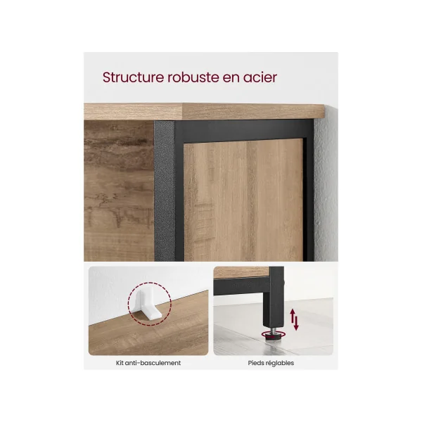 Buffet de Cuisine 2 Portes Structure en Acier Bahut Haut Chêne Marron et Noir