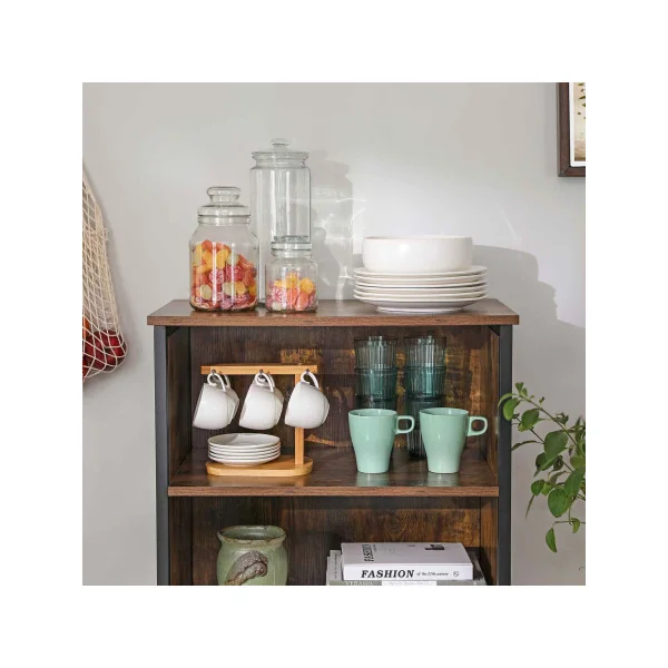 Buffet de Cuisine 2 Portes Structure en Acier Bahut Haut Marron Rustique et Noir