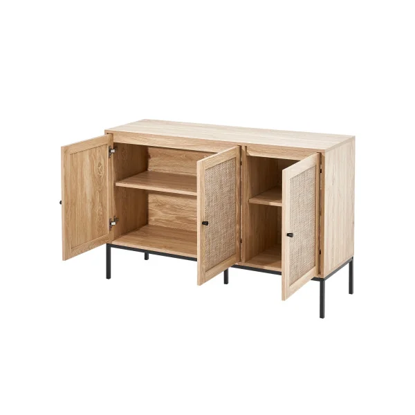 Buffet de Rangement Chêne et Rotin 3 Portes Armoire Basse de Salon Meuble Rangement Chambre