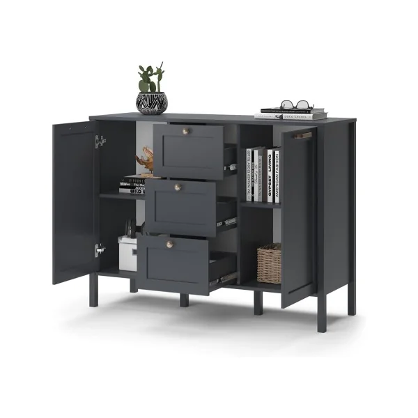 Buffet Gris 120 cm 3 Tiroirs 2 Placards Meuble de Rangement Chambre Salon Salle à Manger