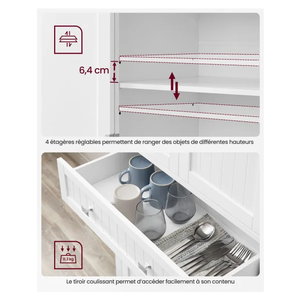 Buffet Haut Cuisine Blanc Meuble de Rangement Armoire Vaisselier