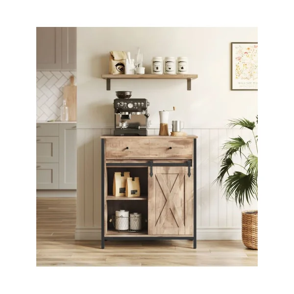 Buffet Marron Boisé Noir Meuble de Rangement Porte Coulissante Imitation Grange