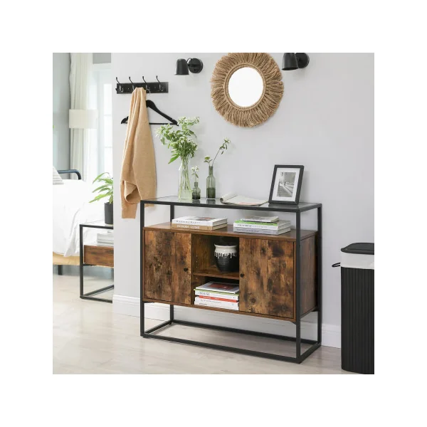 Buffet Salon Marron Rustique et Noir Meuble de Rangement Verre Trempé Placard Compartiments Ouverts
