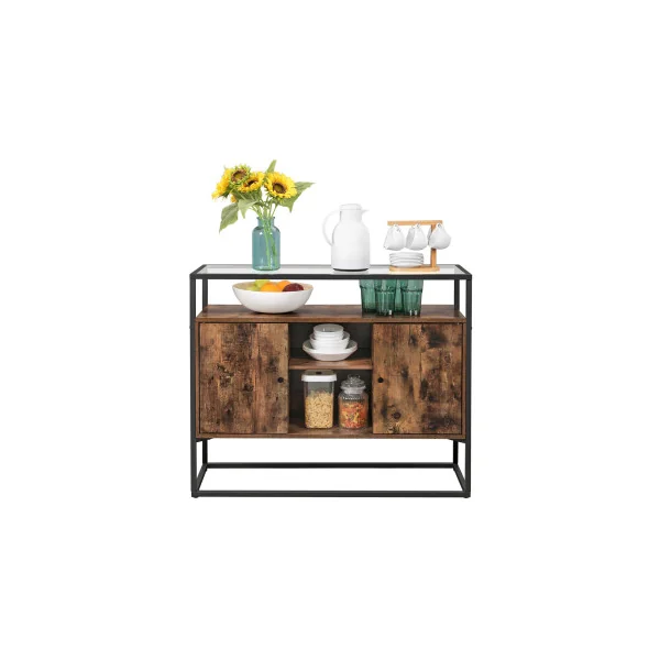 Buffet Salon Marron Rustique et Noir Meuble de Rangement Verre Trempé Placard Compartiments Ouverts