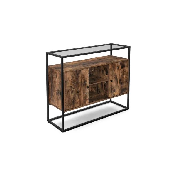 Buffet Salon Marron Rustique et Noir Meuble de Rangement Verre Trempé Placard Compartiments Ouverts