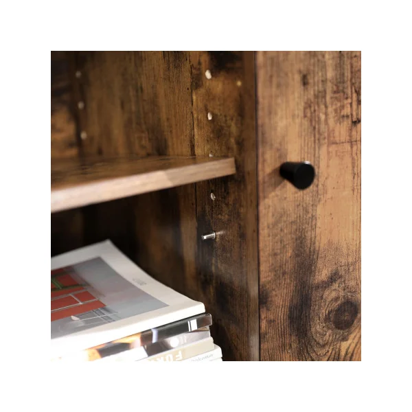 Buffet Salon Marron Rustique et Noir Meuble de Rangement Verre Trempé Placard Compartiments Ouverts