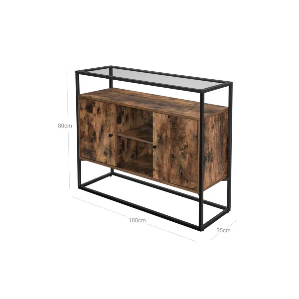 Buffet Salon Marron Rustique et Noir Meuble de Rangement Verre Trempé Placard Compartiments Ouverts