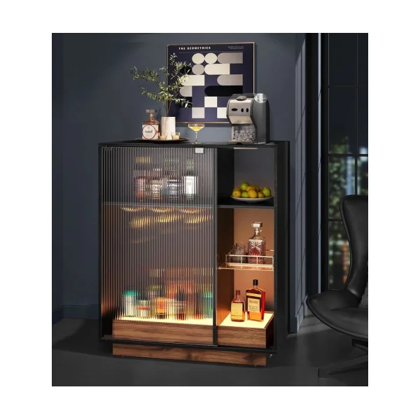 Buffet Salon Meuble Bar à Vin Moderne avec Eclairage et Porte-Verre Noir Boisé