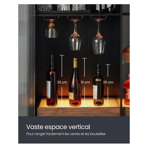 Buffet Salon Meuble Bar à Vin Moderne avec Eclairage et Porte-Verre Noir Boisé