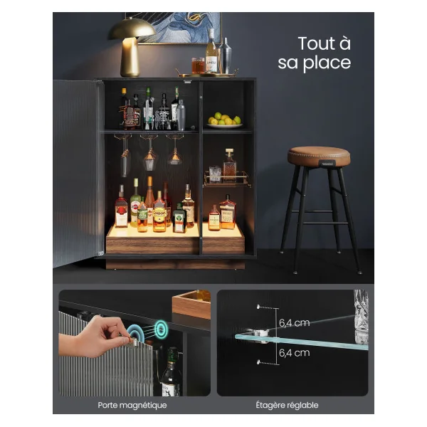 Buffet Salon Meuble Bar à Vin Moderne avec Eclairage et Porte-Verre Noir Boisé