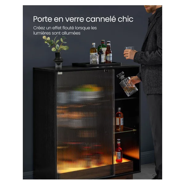 Buffet Salon Meuble Bar à Vin Moderne avec Eclairage et Porte-Verre Noir Boisé