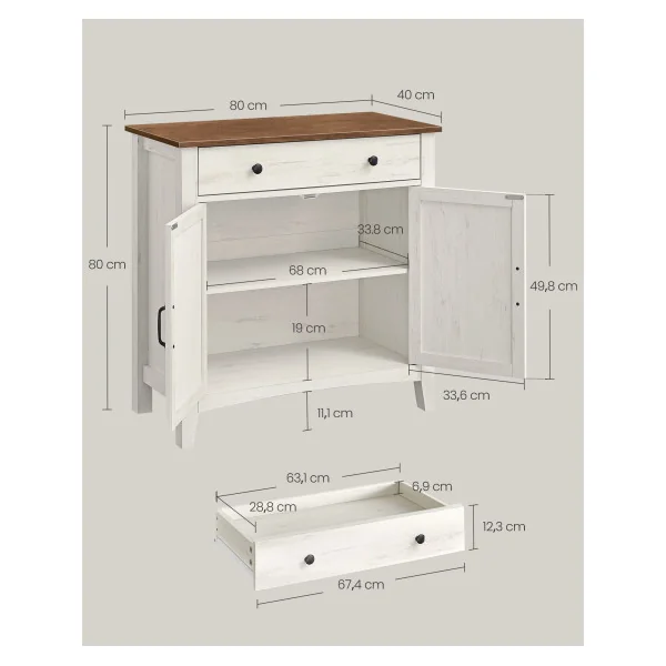 Buffet Style campagne Blanc Rustique Marron Miel Meuble de Rangement avec Tiroir Meuble de Cuisine avec Portes