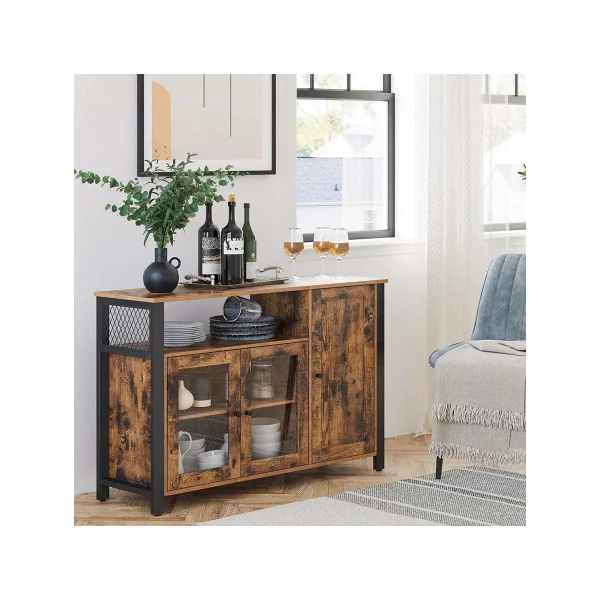 Buffet Vitré Meuble de Rangement avec Placard 3 Portes Style Industriel Marron Rustique et Noir