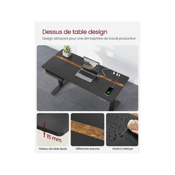 Bureau 140x60cm Electrique Réglable en Hauteur Noir Bureau Assis-Debout Fonction Mémoire de 4 Hauteurs