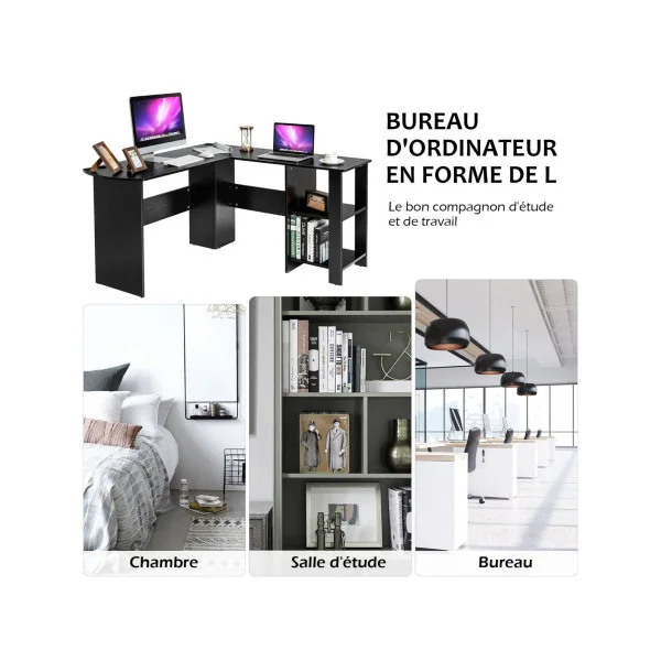 Bureau Angle Noir avec Rangement Bureau d'Angle avec Étagères de Rangement Bureau en L