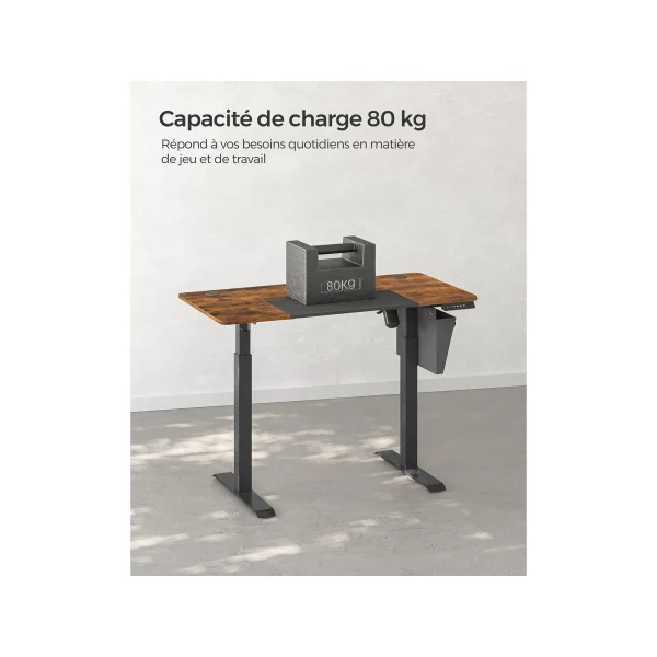 Bureau Assis Debout Electrique 120 cm Rustique Table Réglable en Hauteur Mémoire 4 Hauteurs Cadre Acier Noir