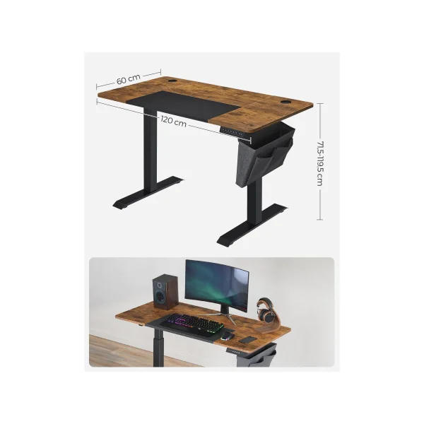 Bureau Assis Debout Electrique 120 cm Rustique Table Réglable en Hauteur Mémoire 4 Hauteurs Cadre Acier Noir