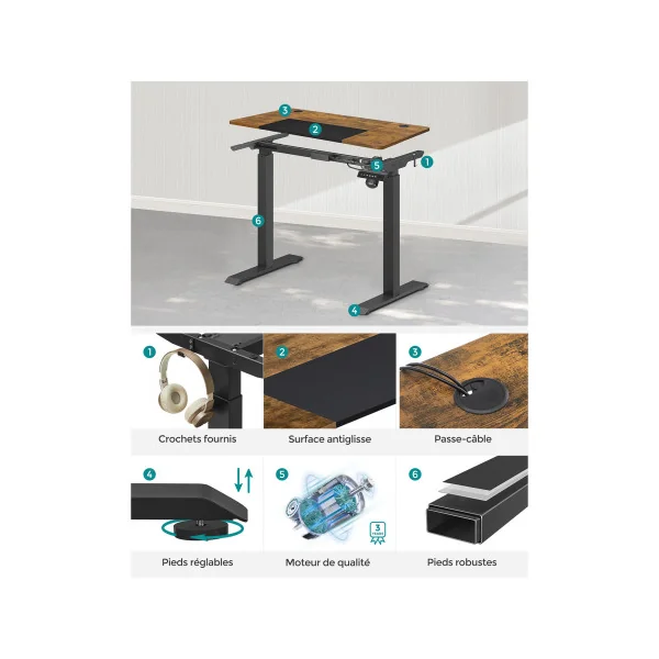 Bureau Assis Debout Electrique 120 cm Rustique Table Réglable en Hauteur Mémoire 4 Hauteurs Cadre Acier Noir