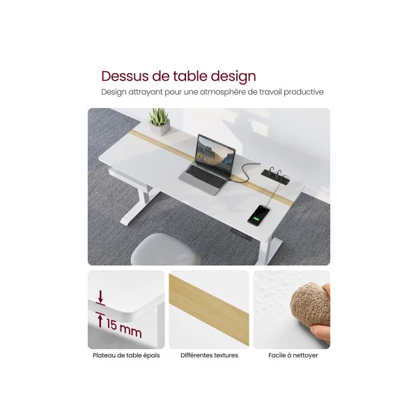 Bureau Assis Debout Electrique 140x60 cm Blanc Réglable en Continu Fonction Mémoire de 4 Hauteurs