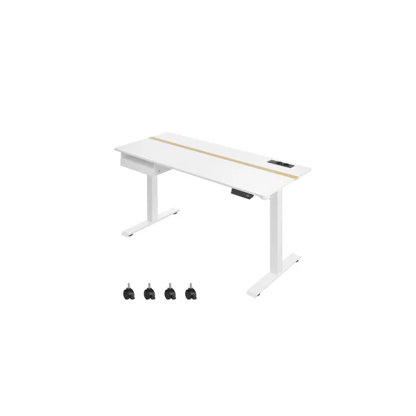 Bureau Assis Debout Electrique 140x60 cm Blanc Réglable en Continu Fonction Mémoire de 4 Hauteurs