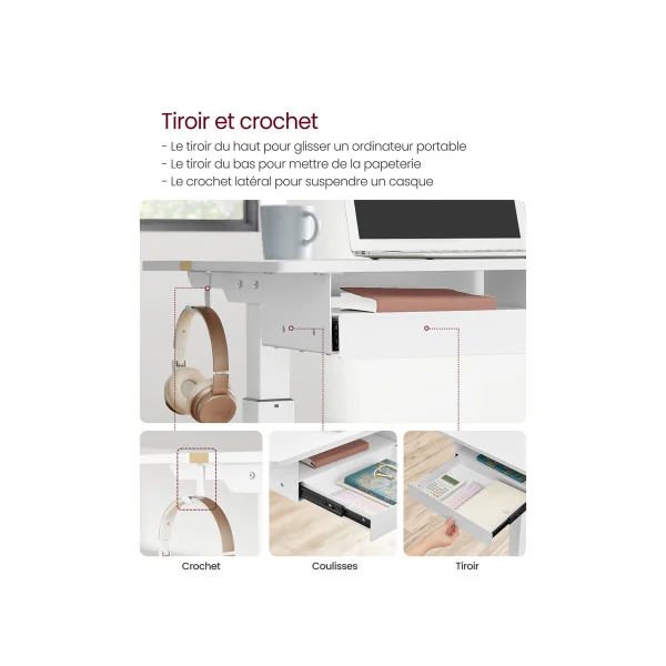 Bureau Assis Debout Electrique 140x60 cm Blanc Réglable en Continu Fonction Mémoire de 4 Hauteurs