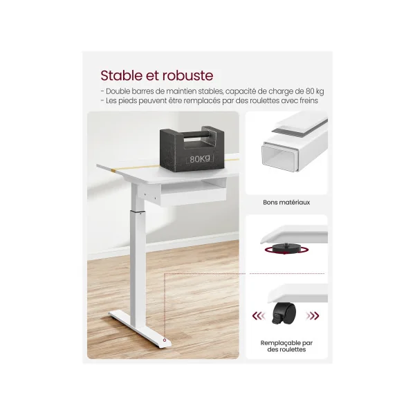 Bureau Assis Debout Electrique 140x60 cm Blanc Réglable en Continu Fonction Mémoire de 4 Hauteurs