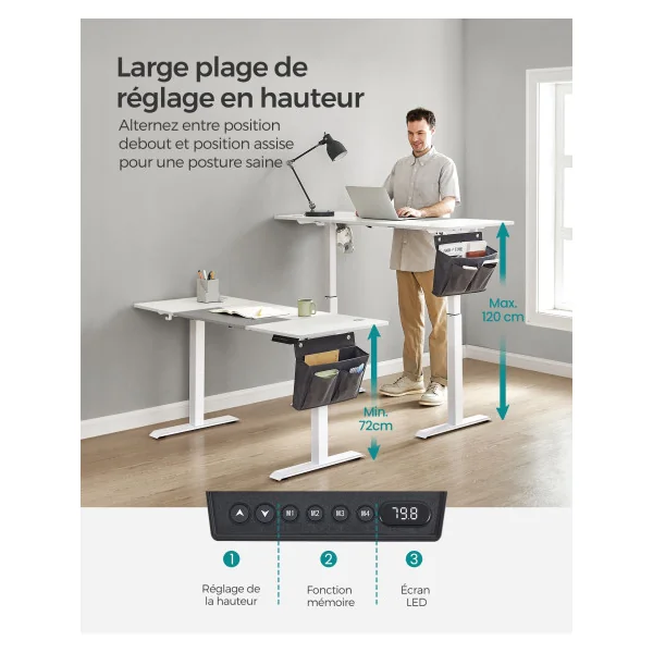 Bureau Assis Debout Électrique Élégant Blanc et Gris Tourterelle