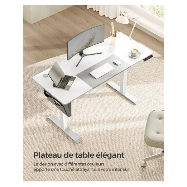 Bureau Assis Debout Électrique Élégant Blanc et Gris Tourterelle