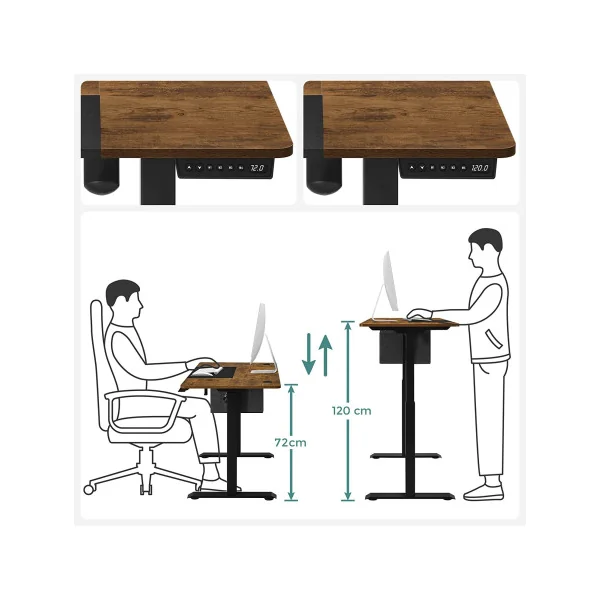Bureau Assis-debout 140 cm Électrique Table Réglable avec Mémoire 4 Hauteurs Marron Rustique Noir