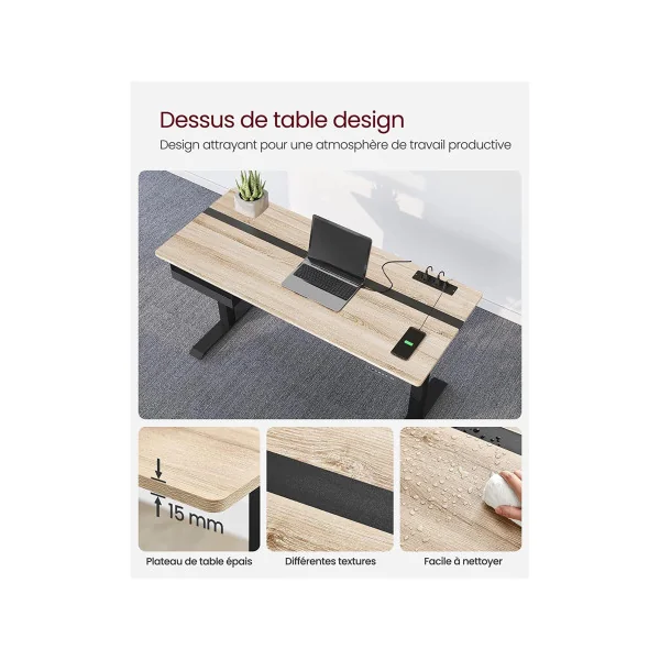 Bureau Assis-Debout Électrique 60x140 cm Réglable en Hauteur Fonction Mémoire de 4 Hauteurs Grège et Noir