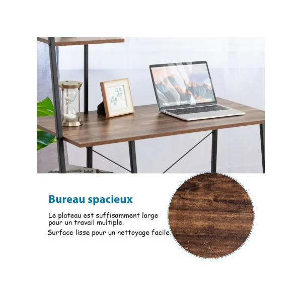 Bureau avec 3 Etagères Marron Bureau d'Ordinateur Industriel Cadre Métal