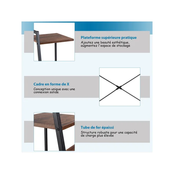 Bureau avec 3 Etagères Marron Bureau d'Ordinateur Industriel Cadre Métal