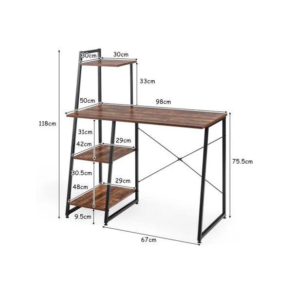 Bureau avec 3 Etagères Marron Bureau d'Ordinateur Industriel Cadre Métal
