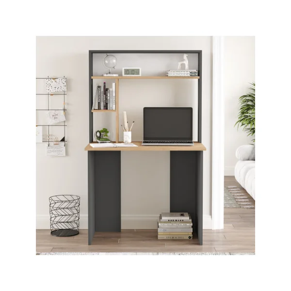 Bureau avec Etagères 90 x 52 x 149 cm Effet Chêne Anthracite Bureau d'Ordinateur