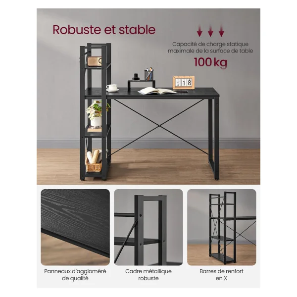 Bureau avec Etagères Noir Boisé Bureau Informatique Table d'ordinateur avec Etagères à Gauche ou à Droite Style Industriel