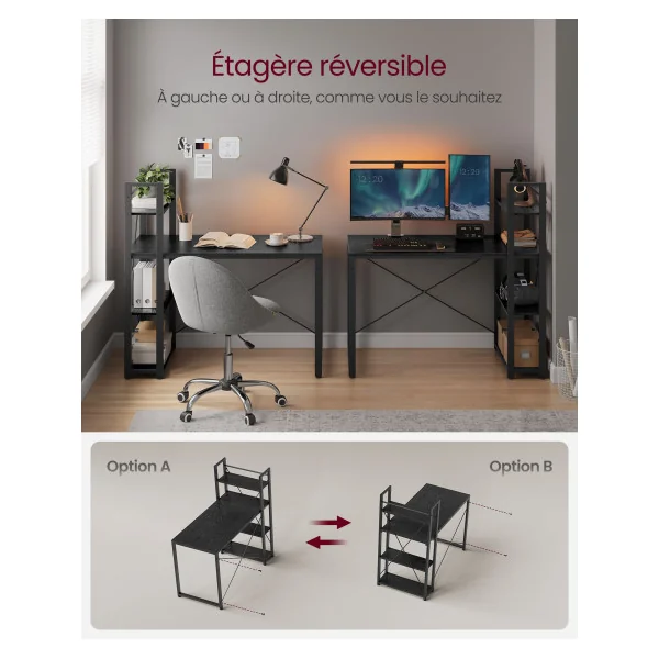 Bureau avec Etagères Noir Boisé Bureau Informatique Table d'ordinateur avec Etagères à Gauche ou à Droite Style Industriel